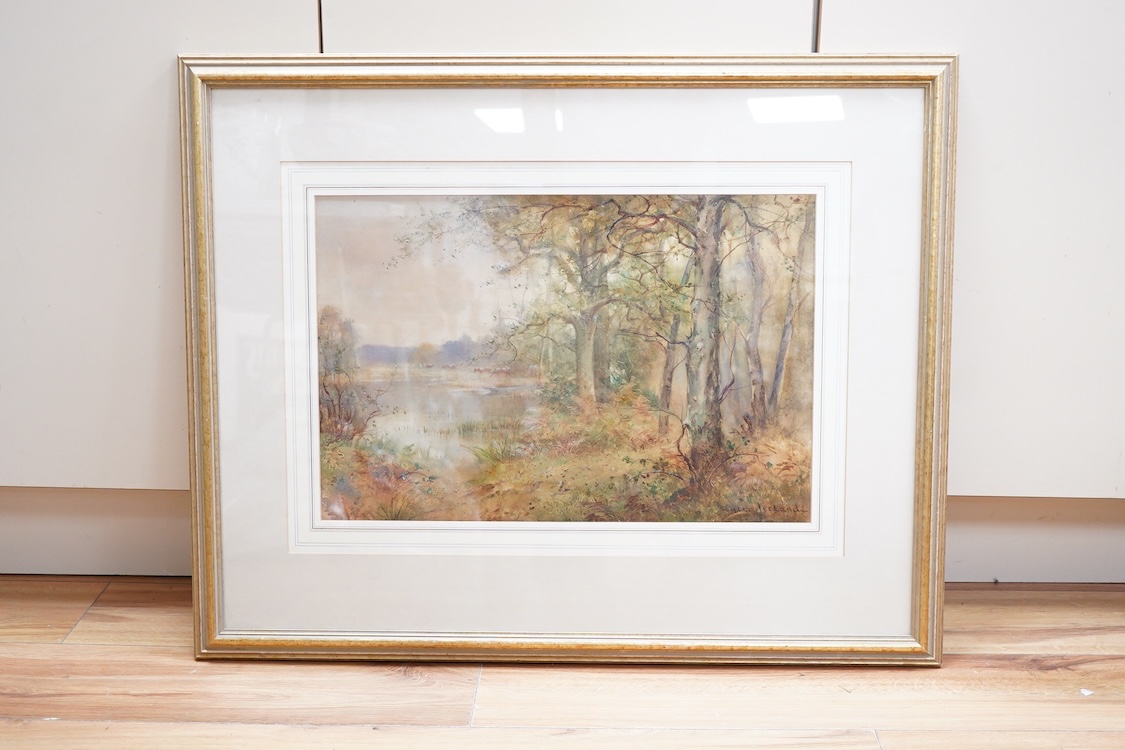 Thomas Taylor Ireland, (Exh. 1880-1921), Lakeside landscape with cattle grazing, signed, gallery label verso, watercolour, 33 x 51cm